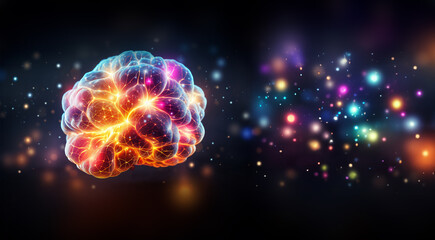Obraz premium Concept of an Active Human Brain on a Dark Background. Colorful neon colors inside of a brain 3D, Human thinking mechanism concept. Brain research Copy space