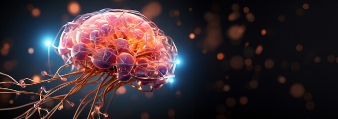 Concept of an Active Human Brain on a Dark Background. Colorful neon colors inside of a brain 3D, Human thinking mechanism concept. Brain research Copy space