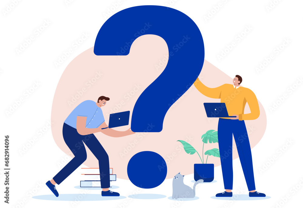 Poster business unanswered question - two businesspeople with computer laptops working and looking at big q