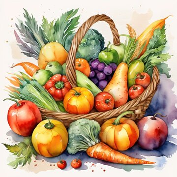 Vintage watercolor painting illustration of assorted harvest vegetables and fruits, showing abundance