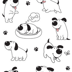Cartoon dog seamless pattern, background. Funny happy dog, comic character in various poses, vector drawing