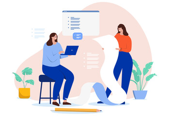 People working with business documents, list and bullet points. Two businesspeople doing text work and reading notes. Flat design vector illustration with white background