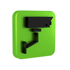 Black Security camera icon isolated on transparent background. Green square button.