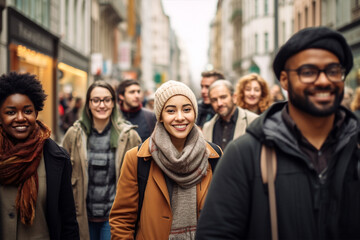 Smiling young people of different nationalities walk down the street - obrazy, fototapety, plakaty