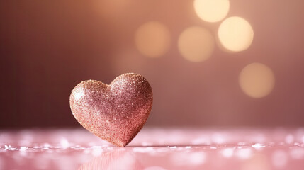 Fototapeta premium Rose gold heart on a pink red background with bokeh, Valentine's Day banner.Concept of Love 