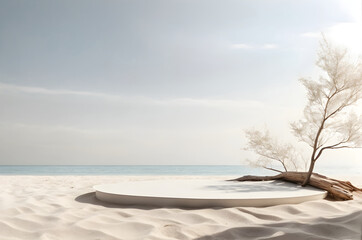 Podium and dry tree twigs branch with white sand beach