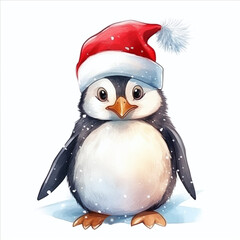 Naklejka premium Illustration of Watercolor christmas penguin in white background. Christmas animal. Cute baby Pinguin with christmas hat. Print, card, poster