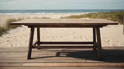 Fototapeta na wymiar beautiful empty rustic wooden table on a day at the beach