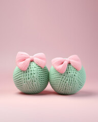 Decorative balls of wool, knitted pattern with pink bows, winter cozy soft trend, Christmas celebration concept.