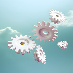 Gears in motion in space against blue background, creative dynamic aesthetic mechanical concept.