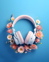 .Headphones in a floral arrangement on a blue background, romantic concept of music seasonal hits, spring, summer.