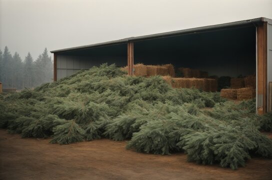 Pile of used Christmas trees prepared for recycling. Collection point for recycling. AI generated