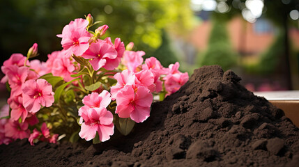Fototapeta na wymiar A small pile of biochar and pink flowers with garden in the background.