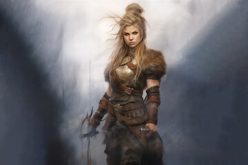 Portrait of beautiful blonde warrior girl in style of combat fantasy. Pencil and watercolor drawing.​