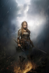 Portrait of beautiful blonde warrior girl with sword in style of combat fantasy - obrazy, fototapety, plakaty