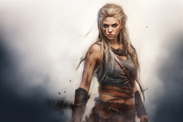 Portrait of beautiful blonde warrior girl in style of combat fantasy. Pencil and watercolor drawing.​ - obrazy, fototapety, plakaty