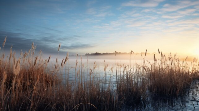 At daybreak in January, reeds line the edge of a misty lake beneath a bright blue sky