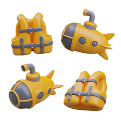 Bathyscaphe and life jacket in cartoon style. Research of seabed. Safety techniques for swimming. Vector objects in different positions for dynamic web design effects