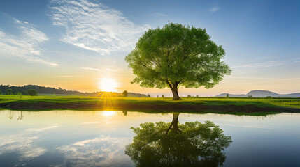 tree on the lake, spring landscape, tree of life 
