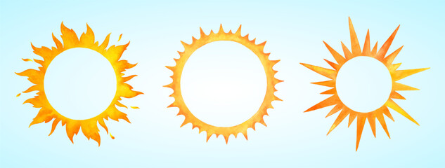 Watercolor vector sun solar corona crown shapes illustrations set. Fire colors round frames, watercolour stains, stylized rays. Orange red yellow circle, flaming ring. Maslenitsa background, template. © Elena Panevkina