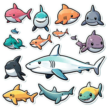 collection of cute sharks in the sea swimming around