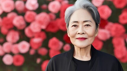 An Asian elderly woman taking a walk in the rose garden.
