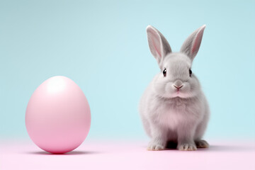 Obraz premium The portrait of a cute little gray rabbit next to a pink easter egg on a blue background