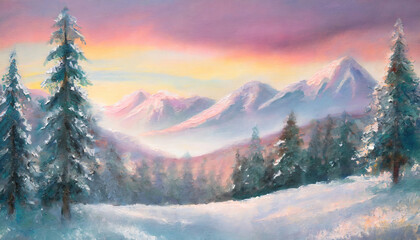 Sunlit fir forest covered with snow in a cold winter morning. Pastel colors sunrise and white fog through frosty trees. Beautiful panoramic painting