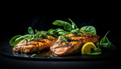  Salmon fillet with lemon and basil on a black background.