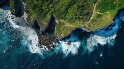 Cliffs adorned with grass and trees and a blue water. Bali's coastline from above. Drone shot from...