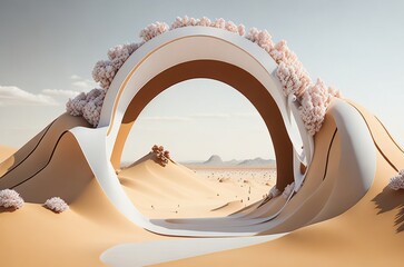 Surreal desert landscape with white oval portal on soft sunny background. AI generated