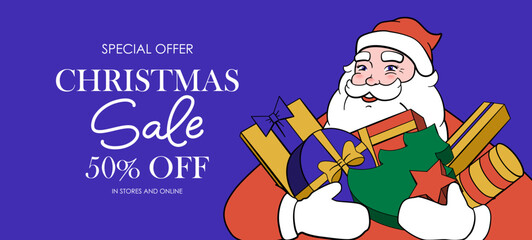 Christmas and New Year holiday poster, card, background. Santa Claus with gifts, gift boxes in his hands. Shop sale, voucher template.