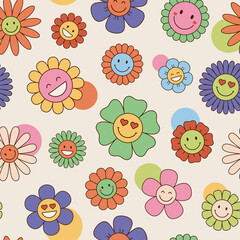 Hippie flowers seamless pattern, background. Cute vintage style, retro flowers with faces, emojis, smiles