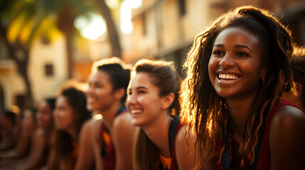 Group of female athletes happy to start a sports competition. Sporty girls. Young female runners about to run a marathon. Female multicultural team. Basketball players. Gymnasts. - obrazy, fototapety, plakaty