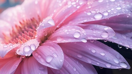 photo, macro shot, close-up of a dew-covered flower petal, glistening water droplets, soft morning light