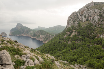 Fototapeta na wymiar Stunning views of cliffs, mountains, beach and sea from Mallorca island in Spain