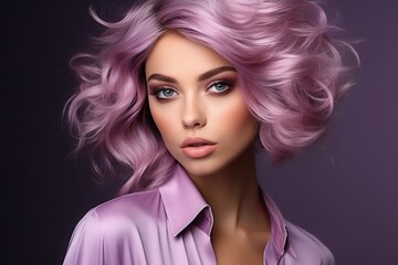 Fototapeta premium A Vibrant Portrait of a Woman with Striking Purple Hair, Exuding Confidence and Style. A woman with purple hair is posing for a picture