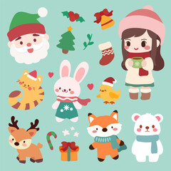 Obraz na płótnie Canvas Cute Christmas Design Element Vector Illustration Set.Christmas set with colorful elements, Santa, deer, girl, cat, gifts, bear, bunny, fox, duck, vector illustration in flat cartoon style.