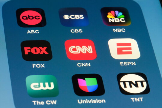 Shanghai,China-Nov. 22nd 2023: ABC, CBS, NBC, FOX, CNN, ESPN, The CW, Univision, TNT app icon. Assorted American broadcast television network brands