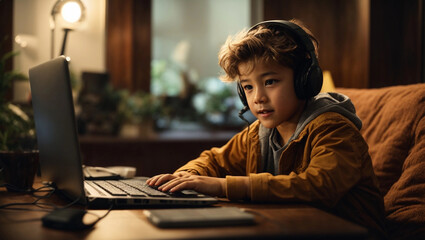 young  boy enjoying and playing computer game at home - obrazy, fototapety, plakaty
