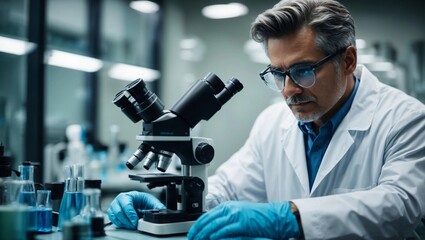a middle age man scientist working in laboratory with microscope - obrazy, fototapety, plakaty