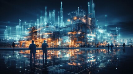 Obraz premium Modern factory, communication network. Telecommunication. IoT, Internet of Things, ICT, Information communication Technology,. Smart factory. Digital transformation, cloud connecting, generate by AI