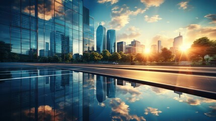 office building or business center. High-rise window buildings made of glass reflect the clouds and the sunlight. empty street outside  wall modernity civilization. growing up business - obrazy, fototapety, plakaty