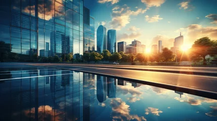 Foto op Aluminium office building or business center. High-rise window buildings made of glass reflect the clouds and the sunlight. empty street outside  wall modernity civilization. growing up business © pinkrabbit