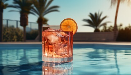 Cocktail in a glass on the edge of a swimming pool, A tranquil scene of a cocktail resting on a table beneath a palm tree