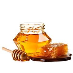 Honey jars, cups and dippers isolated on white background