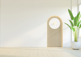 Minimalist style empty room decorated with wood slat wall and white wall. There is an wood floor and green plants in the room. 3d rendering