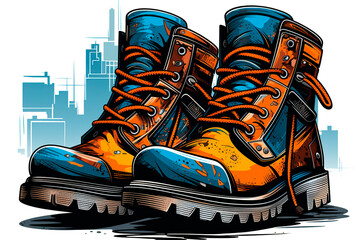 illustration of a pair of hiking boots on a city background