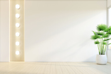Empty room decorated with wood slat wall and wall light. There is a wood floor and green plants in the room. 3d rendering