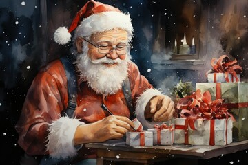 santa Claus is working preparing gifts for children watercolor ink mixed styles children's illustration